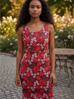 Floral Lace Maxi Dress in Red and Pink